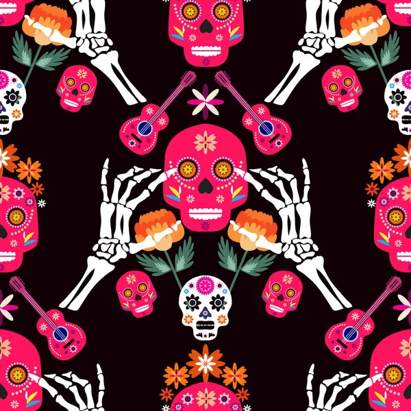 Patrón Mexicano Sin Costuras Calaveras Azúcar Flores Colores Plantilla Para — Archivo Imágenes Vectoriales