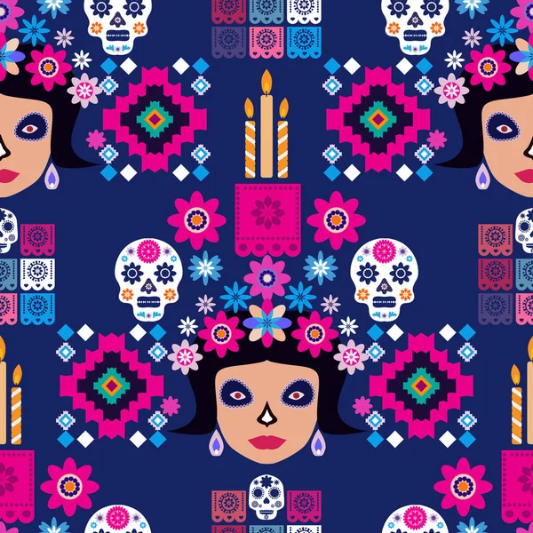 メキシコのシームレスなパターン カトリーナカラベラ砂糖頭蓋骨とマリーゴールドの花 メキシコのお祝いのためのテンプレート 伝統的なメキシコのスケルトン装飾 デッド ハロウィーン ベクトル イラストの日 Dia Los — ストックベクタ