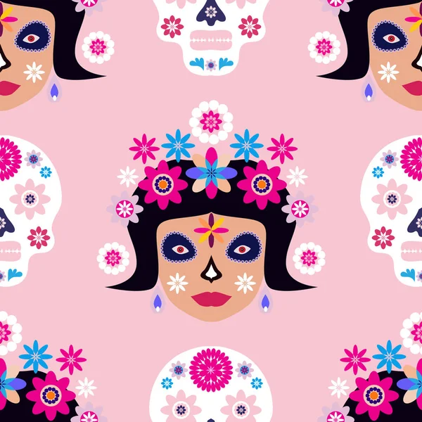 Мексиканский Бесшовный Рисунок Сахарные Черепа Катрины Калавера Цветы Мэриголд Шаблон — стоковый вектор
