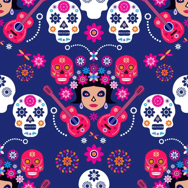 Meksika deseni, Catrina Calavera şeker kafatası ve kadife çiçeği. Meksika kutlaması şablonu, geleneksel Meksika iskeleti dekorasyonu. Dia de Los Muertos, Ölü Cadılar Bayramı Vektörü illüstrasyonu Günü