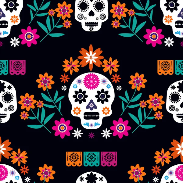 Мексиканский Бесшовный Узор Сахарные Черепа Красочные Цветы Шаблон Празднования Нового — стоковый вектор