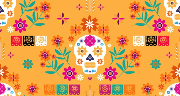 Meksika desenli, şeker kafalar ve renkli çiçekler. Meksika kutlaması şablonu, geleneksel Meksika iskeleti dekorasyonu. Dia de Los Muertos, Ölüler Günü. Vektör illüstrasyonu.