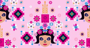 Meksika deseni, Catrina Calavera şeker kafatası ve kadife çiçeği. Meksika kutlaması şablonu, geleneksel Meksika iskeleti dekorasyonu. Dia de Los Muertos, Ölü Cadılar Bayramı Vektörü illüstrasyonu Günü