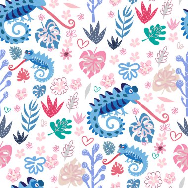 Şirin bukalemunları olan kusursuz çocuksu bir model. Tekstil, kumaş, duvar kağıdı, poster, kartpostal, yüzey tasarımı, moda çocuklarının giydiği kıyafetler, bebek partisi. Çocuklar için vektör çizimi.