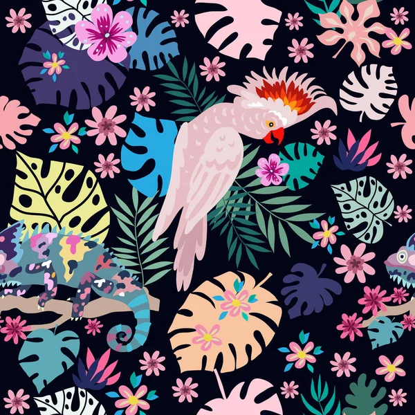 Płynny Wzór Tropikalnymi Papugami Kolorowe Egzotyczne Ptaki Liście Kwiaty Rośliny — Wektor stockowy