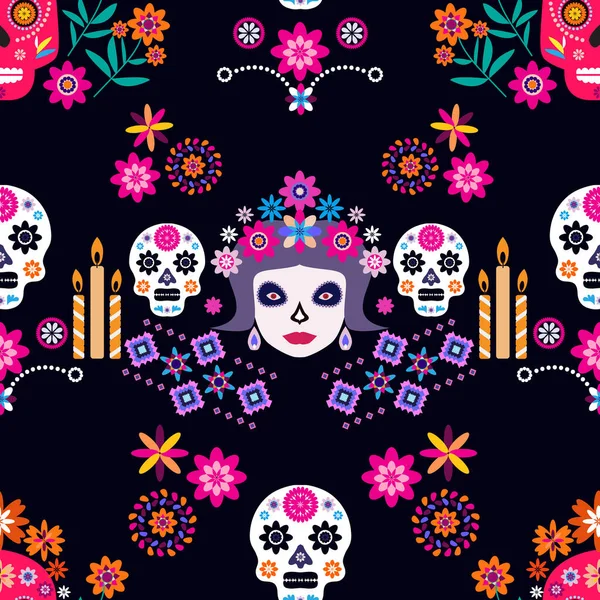 Μεξικάνικο Χωρίς Ραφή Μοτίβο Κατρίνα Calavera Κρανίο Ζάχαρης Και Λουλούδια — Διανυσματικό Αρχείο