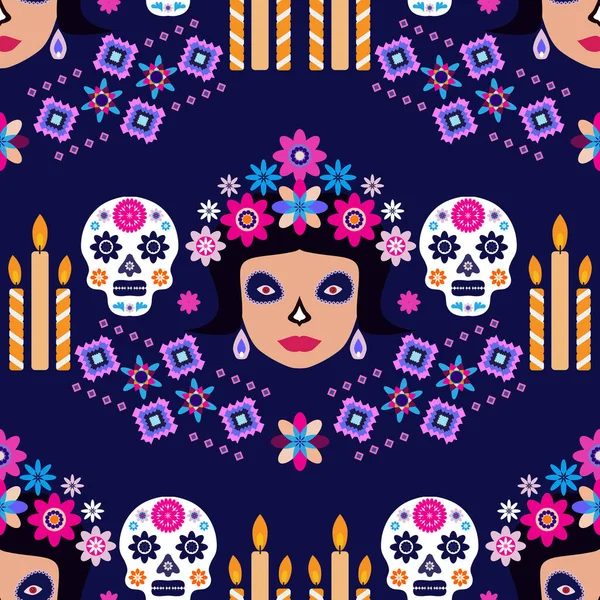 Meksika deseni, Catrina Calavera şeker kafatası ve kadife çiçeği. Meksika kutlaması şablonu, geleneksel Meksika iskeleti dekorasyonu. Dia de Los Muertos, Ölü Cadılar Bayramı Vektörü illüstrasyonu Günü