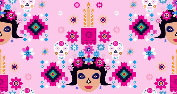 Meksika deseni, Catrina Calavera şeker kafatası ve kadife çiçeği. Meksika kutlaması şablonu, geleneksel Meksika iskeleti dekorasyonu. Dia de Los Muertos, Ölü Cadılar Bayramı Vektörü illüstrasyonu Günü