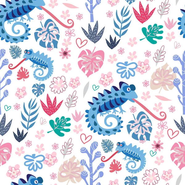 Şirin bukalemunları olan kusursuz çocuksu bir model. Tekstil, kumaş, duvar kağıdı, poster, kartpostal, yüzey tasarımı, moda çocuklarının giydiği kıyafetler, bebek partisi. Çocuklar için vektör çizimi.