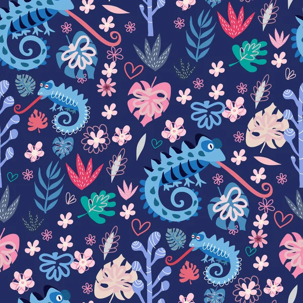 Şirin bukalemunları olan kusursuz çocuksu bir model. Tekstil, kumaş, duvar kağıdı, poster, kartpostal, yüzey tasarımı, moda çocuklarının giydiği kıyafetler, bebek partisi. Çocuklar için vektör çizimi.