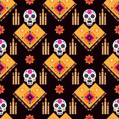 Meksika desenli, şeker kafalar ve renkli çiçekler. Meksika kutlaması şablonu, geleneksel Meksika iskeleti dekorasyonu. Dia de Los Muertos, Ölüler Günü. Vektör illüstrasyonu.