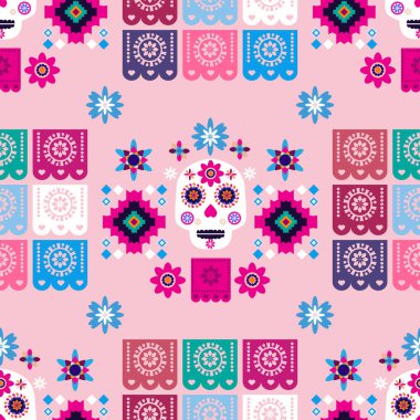 Meksikalıların kusursuz desenleri, Meksika kutlaması için şeker kafatası ve çiçek şablonu, geleneksel Meksika iskeleti dekorasyonu. Dia de Los Muertos, Ölü Cadılar Bayramı Vektörü illüstrasyonu Günü