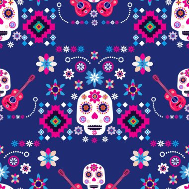 Meksikalıların kusursuz desenleri, Meksika kutlaması için şeker kafatası ve çiçek şablonu, geleneksel Meksika iskeleti dekorasyonu. Dia de Los Muertos, Ölü Cadılar Bayramı Vektörü illüstrasyonu Günü