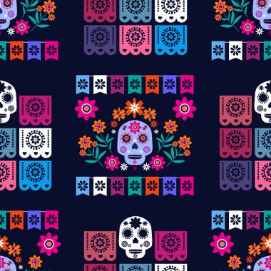 Meksikalıların kusursuz desenleri, Meksika kutlaması için şeker kafatası ve çiçek şablonu, geleneksel Meksika iskeleti dekorasyonu. Dia de Los Muertos, Ölü Cadılar Bayramı Vektörü illüstrasyonu Günü