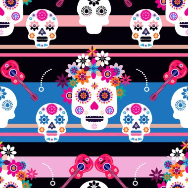 Meksika desenli, şeker kafalar ve renkli çiçekler. Meksika kutlaması şablonu, geleneksel Meksika iskeleti dekorasyonu. Dia de Los Muertos, Ölüler Günü. Vektör illüstrasyonu.