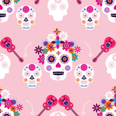 Meksika desenli, şeker kafalar ve renkli çiçekler. Meksika kutlaması şablonu, geleneksel Meksika iskeleti dekorasyonu. Dia de Los Muertos, Ölüler Günü. Vektör illüstrasyonu.