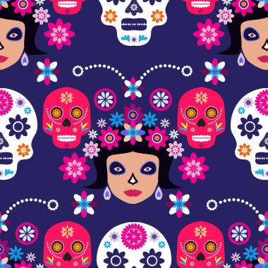 Meksika desenli, şeker kafalar ve renkli çiçekler. Meksika kutlaması şablonu, geleneksel Meksika iskeleti dekorasyonu. Dia de Los Muertos, Ölüler Günü. Vektör illüstrasyonu.