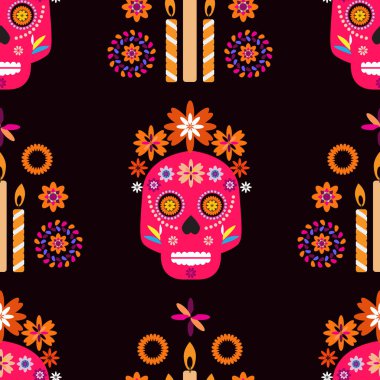 Meksika desenli, şeker kafalar ve renkli çiçekler. Meksika kutlaması şablonu, geleneksel Meksika iskeleti dekorasyonu. Dia de Los Muertos, Ölüler Günü. Vektör illüstrasyonu.