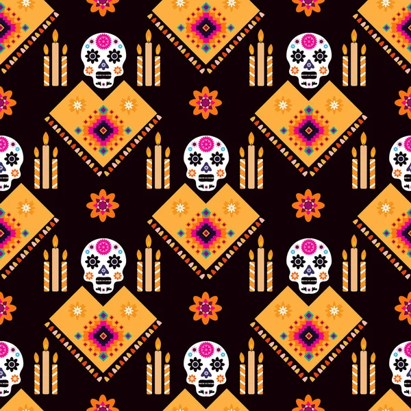 Meksika desenli, şeker kafalar ve renkli çiçekler. Meksika kutlaması şablonu, geleneksel Meksika iskeleti dekorasyonu. Dia de Los Muertos, Ölüler Günü. Vektör illüstrasyonu.