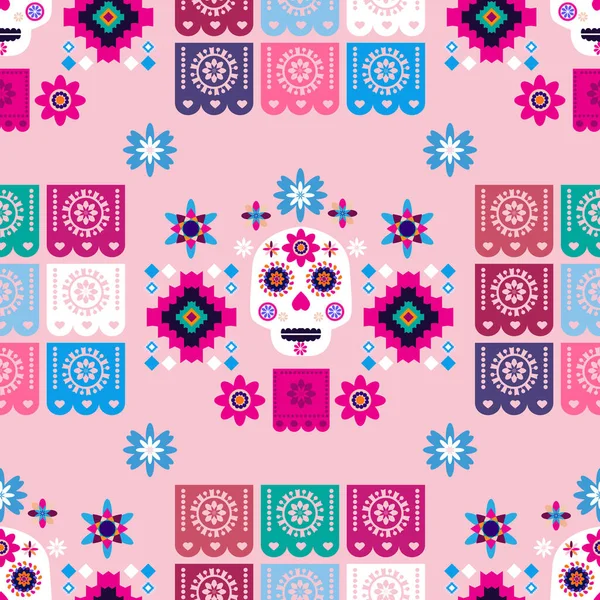 Meksikalıların kusursuz desenleri, Meksika kutlaması için şeker kafatası ve çiçek şablonu, geleneksel Meksika iskeleti dekorasyonu. Dia de Los Muertos, Ölü Cadılar Bayramı Vektörü illüstrasyonu Günü