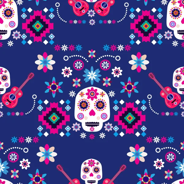 Meksikalıların kusursuz desenleri, Meksika kutlaması için şeker kafatası ve çiçek şablonu, geleneksel Meksika iskeleti dekorasyonu. Dia de Los Muertos, Ölü Cadılar Bayramı Vektörü illüstrasyonu Günü