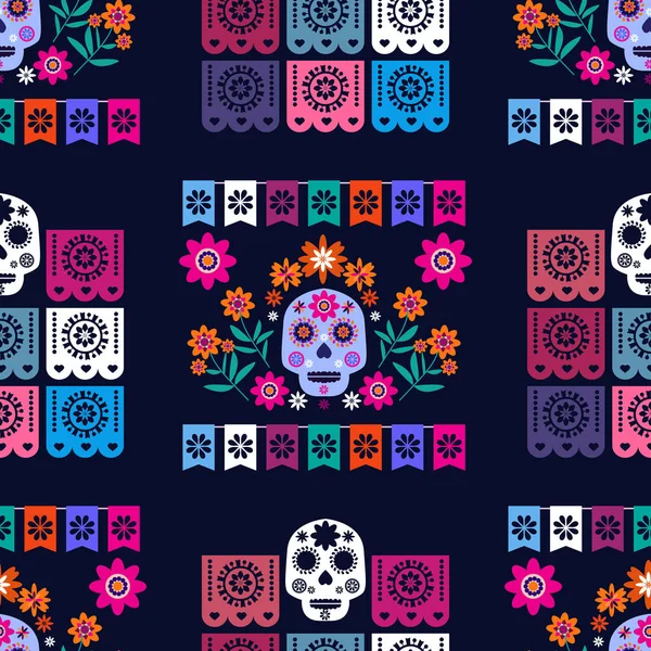 Meksikalıların kusursuz desenleri, Meksika kutlaması için şeker kafatası ve çiçek şablonu, geleneksel Meksika iskeleti dekorasyonu. Dia de Los Muertos, Ölü Cadılar Bayramı Vektörü illüstrasyonu Günü