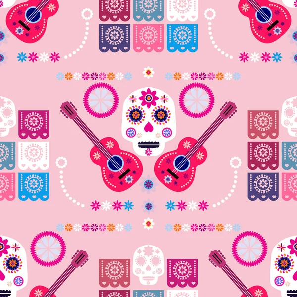 Meksikalıların kusursuz desenleri, Meksika kutlaması için şeker kafatası ve çiçek şablonu, geleneksel Meksika iskeleti dekorasyonu. Dia de Los Muertos, Ölü Cadılar Bayramı Vektörü illüstrasyonu Günü