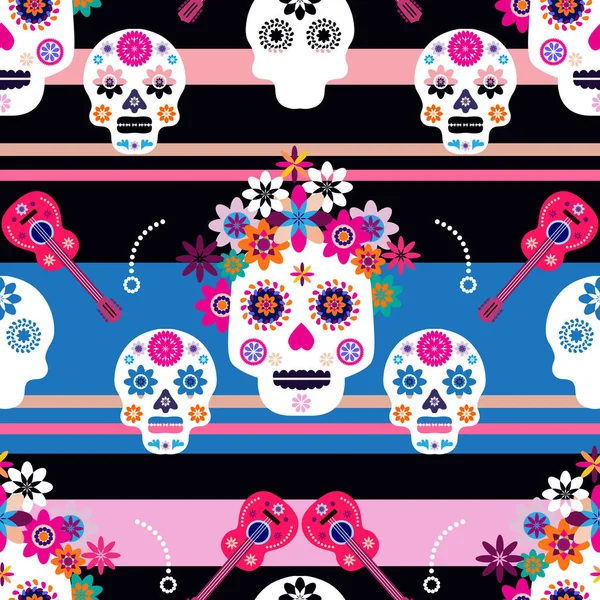 Meksika desenli, şeker kafalar ve renkli çiçekler. Meksika kutlaması şablonu, geleneksel Meksika iskeleti dekorasyonu. Dia de Los Muertos, Ölüler Günü. Vektör illüstrasyonu.