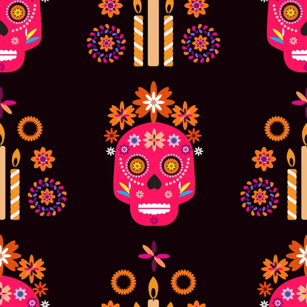 Meksykański Bezszwowy Wzór Czaszki Cukru Kolorowe Kwiaty Szablon Meksykańskiej Uroczystości — Wektor stockowy