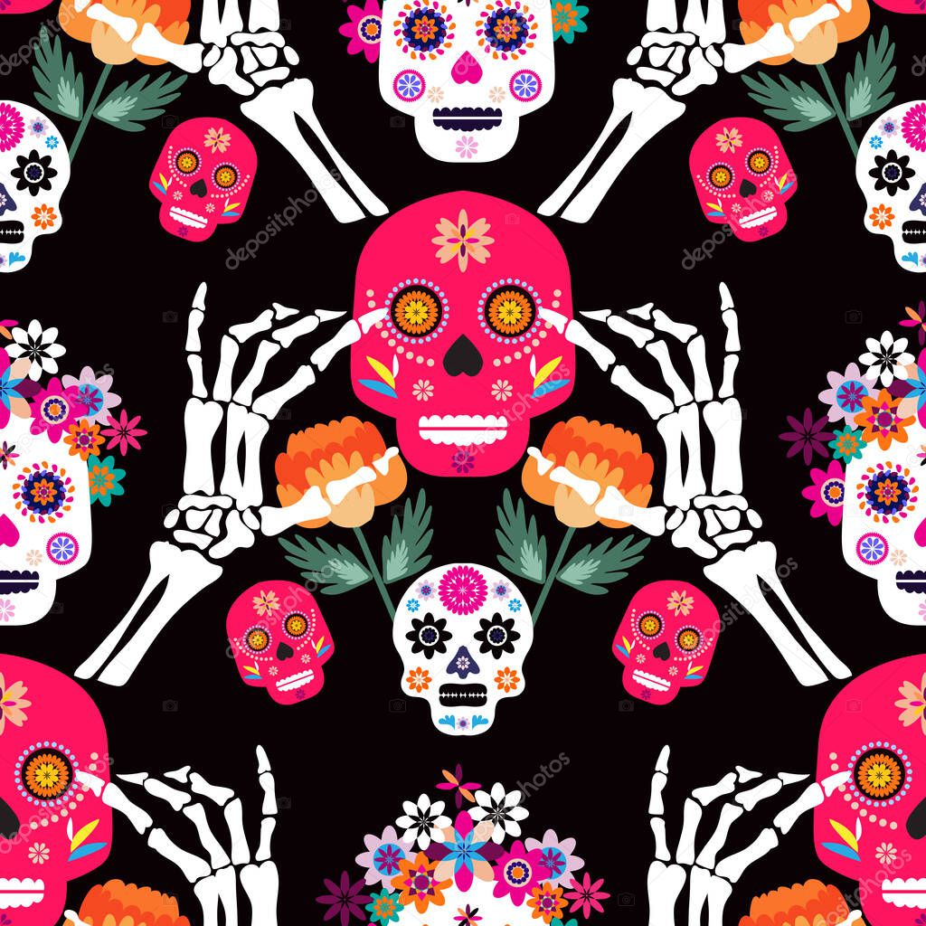 Mexican seamless pattern, sugar skulls and colorful flowers. Template  for mexican celebration, traditional mexico skeleton decoration. Dia de Los Muertos, Day of the Dead .Vector illustration.