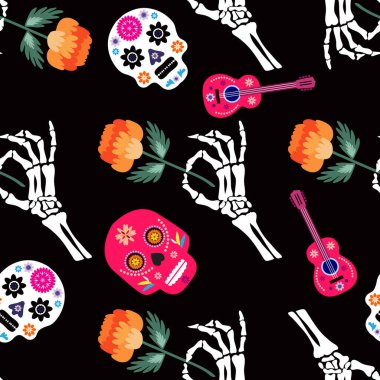 Meksika desenli, şeker kafalar ve renkli çiçekler. Meksika kutlaması şablonu, geleneksel Meksika iskeleti dekorasyonu. Dia de Los Muertos, Ölüler Günü. Vektör illüstrasyonu.