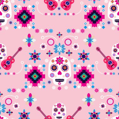 Meksikalıların kusursuz desenleri, Meksika kutlaması için şeker kafatası ve çiçek şablonu, geleneksel Meksika iskeleti dekorasyonu. Dia de Los Muertos, Ölü Cadılar Bayramı Vektörü illüstrasyonu Günü