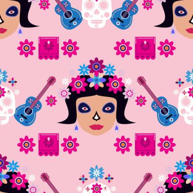 Meksikalıların kusursuz desenleri, Meksika kutlaması için şeker kafatası ve çiçek şablonu, geleneksel Meksika iskeleti dekorasyonu. Dia de Los Muertos, Ölü Cadılar Bayramı Vektörü illüstrasyonu Günü