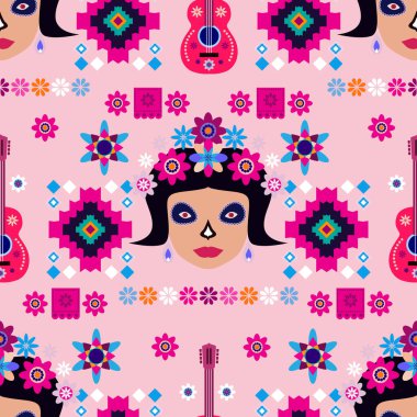 Meksikalıların kusursuz desenleri, Meksika kutlaması için şeker kafatası ve çiçek şablonu, geleneksel Meksika iskeleti dekorasyonu. Dia de Los Muertos, Ölü Cadılar Bayramı Vektörü illüstrasyonu Günü