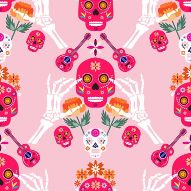 Meksika desenli, şeker kafalar ve renkli çiçekler. Meksika kutlaması şablonu, geleneksel Meksika iskeleti dekorasyonu. Dia de Los Muertos, Ölüler Günü. Vektör illüstrasyonu.