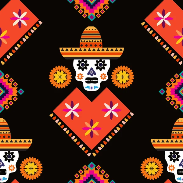 Patrón Mexicano Sin Costuras Calaveras Azúcar Flores Colores Plantilla Para — Vector de stock