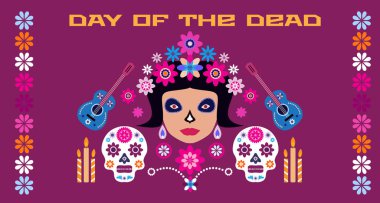 Dia de Los Muertos, Ölüler Günü ya da Cadılar Bayramı tebrik kartı, pankart, davetiye. Şeker dövmeli kafatasları, mum, marakas, gitar, sombrero ve kadife çiçekleri, Catrina Calavera geleneksel Meksika iskelet desenli Vektör çizimi.