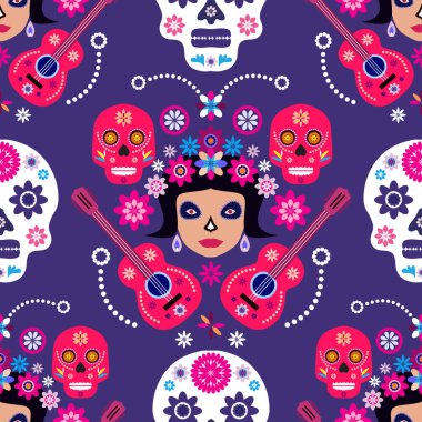 Meksika desenli, şeker kafalar ve renkli çiçekler. Meksika kutlaması şablonu, geleneksel Meksika iskeleti dekorasyonu. Dia de Los Muertos, Ölüler Günü. Vektör illüstrasyonu.