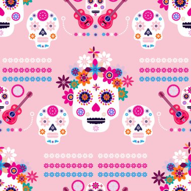 Meksika desenli, şeker kafalar ve renkli çiçekler. Meksika kutlaması şablonu, geleneksel Meksika iskeleti dekorasyonu. Dia de Los Muertos, Ölüler Günü. Vektör illüstrasyonu.