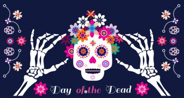 Dia de Los Muertos, Ölüler Günü ya da Cadılar Bayramı tebrik kartı, pankart, davetiye. Şeker dövmeli kafatasları, mum, marakas, gitar, sombrero ve kadife çiçekleri, Catrina Calavera geleneksel Meksika iskelet desenli Vektör çizimi.