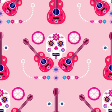 Meksikalıların kusursuz desenleri, Meksika kutlaması için şeker kafatası ve çiçek şablonu, geleneksel Meksika iskeleti dekorasyonu. Dia de Los Muertos, Ölü Cadılar Bayramı Vektörü illüstrasyonu Günü