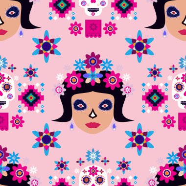 Meksikalıların kusursuz desenleri, Meksika kutlaması için şeker kafatası ve çiçek şablonu, geleneksel Meksika iskeleti dekorasyonu. Dia de Los Muertos, Ölü Cadılar Bayramı Vektörü illüstrasyonu Günü