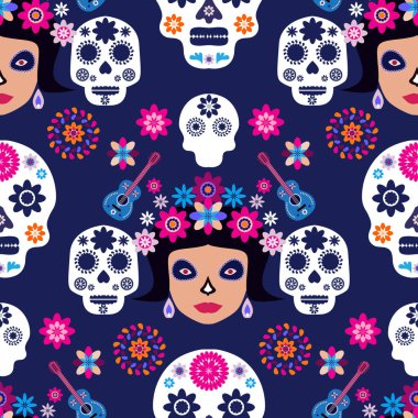Meksika desenli, şeker kafalar ve renkli çiçekler. Meksika kutlaması şablonu, geleneksel Meksika iskeleti dekorasyonu. Dia de Los Muertos, Ölüler Günü. Vektör illüstrasyonu.