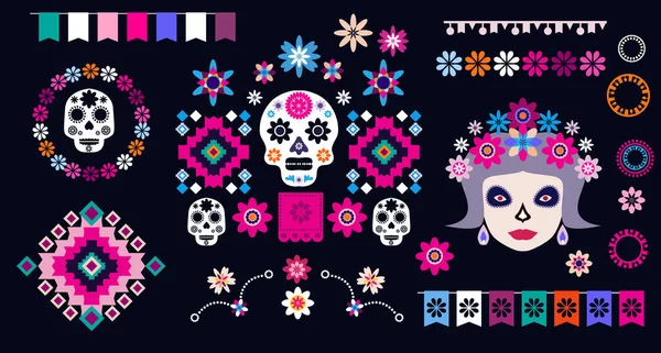 Día Los Muertos Día Los Muertos Elementos Halloween Calaveras Tatoo — Archivo Imágenes Vectoriales