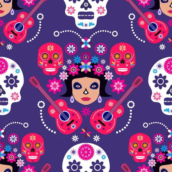 Patrón Mexicano Sin Costuras Calaveras Azúcar Flores Colores Plantilla Para — Archivo Imágenes Vectoriales