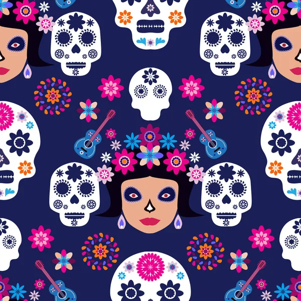 Patrón Mexicano Sin Costuras Calaveras Azúcar Flores Colores Plantilla Para — Archivo Imágenes Vectoriales