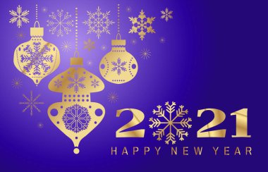 Yeni yılın kutlu olsun, Metal Boğa yılı, öküz. Mutlu noeller. Takvim ya da web afişi, şablon afişi, poster, 2021 kutlamaları için tatil geçmişi. Işık 2021 noel ağacı, top. Altın desenli. Vektör düz resimleme.