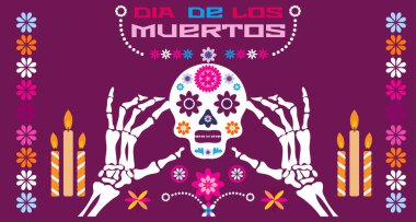 Dia de Los Muertos, Ölüler Günü ya da Cadılar Bayramı tebrik kartı, pankart, davetiye. Şeker dövmeli kafatasları, mum, marakas, gitar, sombrero ve kadife çiçekleri, Catrina Calavera geleneksel Meksika iskelet desenli Vektör çizimi.