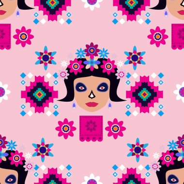 Meksikalıların kusursuz desenleri, Meksika kutlaması için şeker kafatası ve çiçek şablonu, geleneksel Meksika iskeleti dekorasyonu. Dia de Los Muertos, Ölü Cadılar Bayramı Vektörü illüstrasyonu Günü