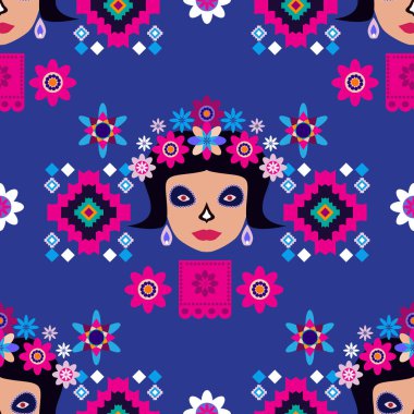 Meksikalıların kusursuz desenleri, Meksika kutlaması için şeker kafatası ve çiçek şablonu, geleneksel Meksika iskeleti dekorasyonu. Dia de Los Muertos, Ölü Cadılar Bayramı Vektörü illüstrasyonu Günü